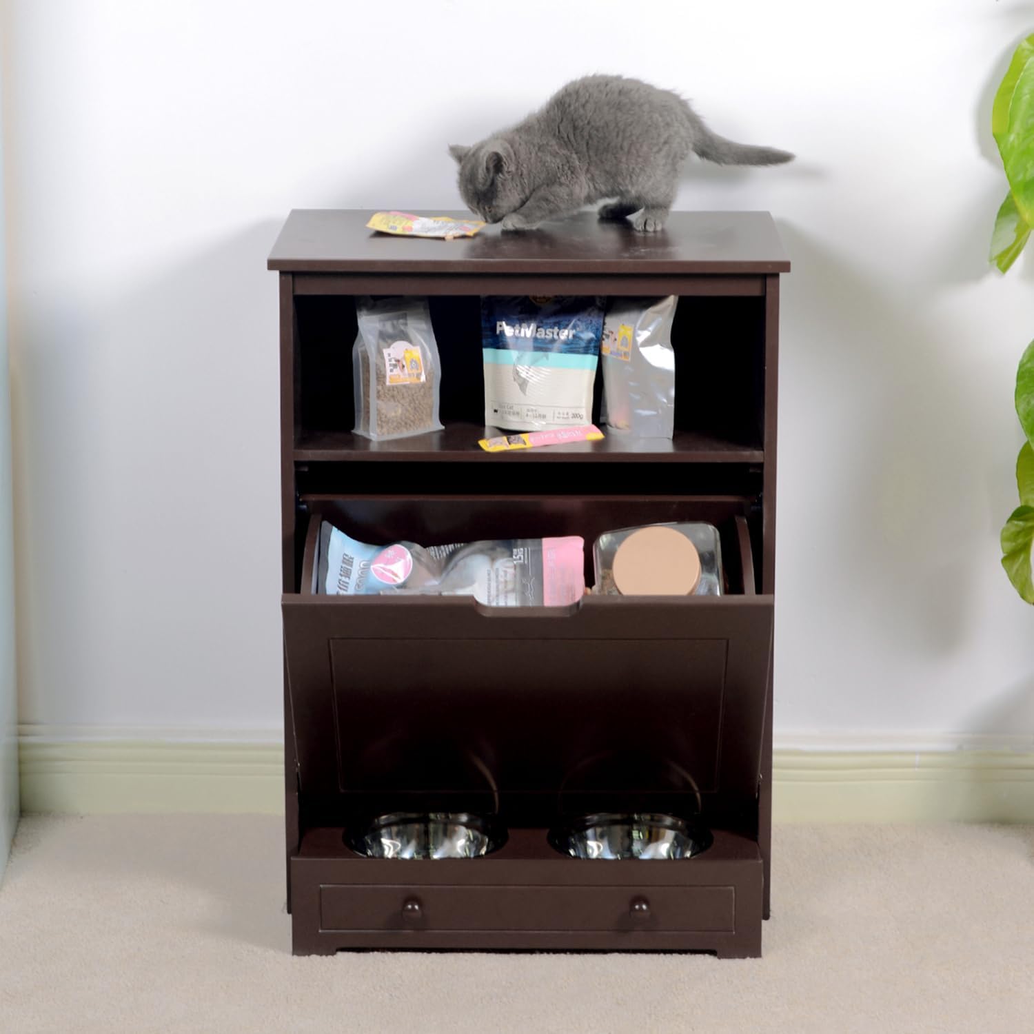 Pet Feeder Station with Storage,Dog and Cat Feeder Cabinet with Stainless Bowl