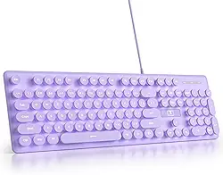 surmen Teclado roxo silencioso com fio, máquina de escrever retrô, teclados macios de tamanho completo com teclado numérico, teclas redondas, USB retroiluminado para escritório, desktop, laptop (roxo)