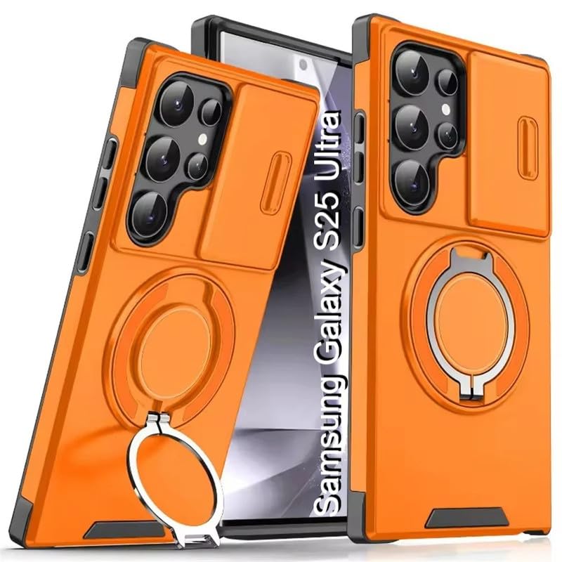 Image of LuxuryKase Shockproof Rugged Case for Samsung Galaxy S25 Ultra | Slide Camera Cover | 360 Rotating Ring Kickstand | Military-Grade Protection - Sunset Orange