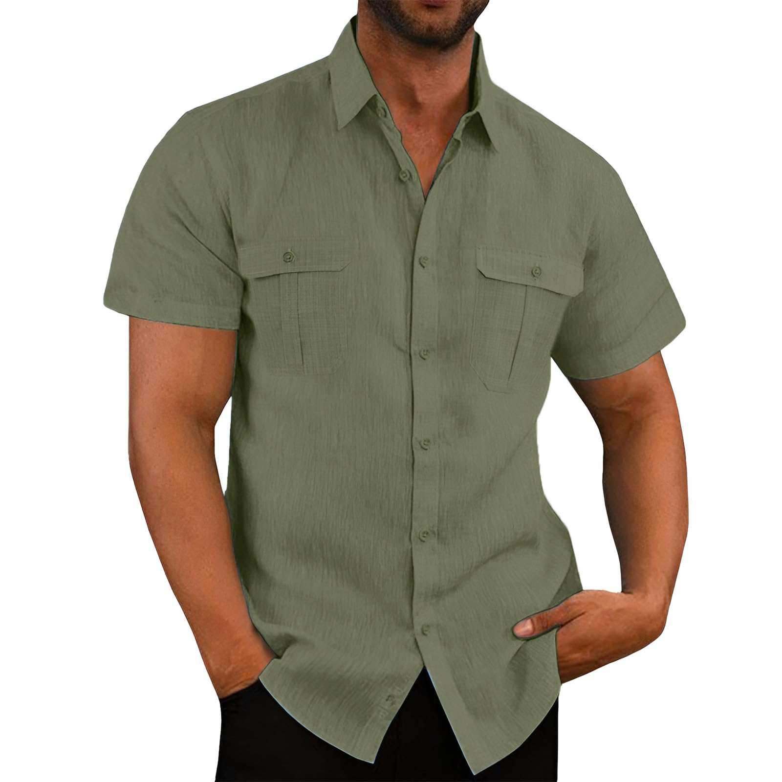 VUIOYRG Stretch Short Sleeve Shirt with Pockets,Men's Summer Cotton Button Down Casual Shirts,Plain Regular Fit Casual Business Shirt, Lightweight Beach Tops (Green,L)
