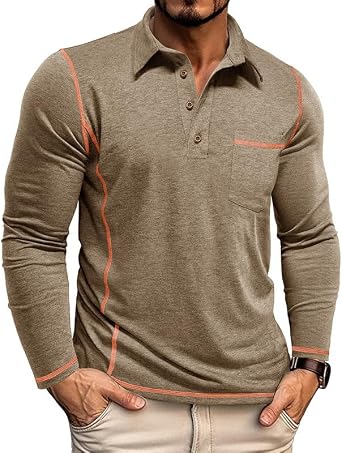 Volemo Mens Long Sleeve Polo Shirts Cotton T-Shirts with Pocket | Soft Breathable, Contrast Stitching, Stretch Fabric, Chest Patch Pocket, Smart Casual Golf Tops, Regular Fit, S-3XL