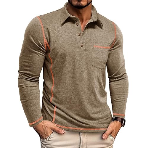 Image of Volemo Mens Long Sleeve Polo Shirts Cotton T-Shirts with Pocket Khaki XL
