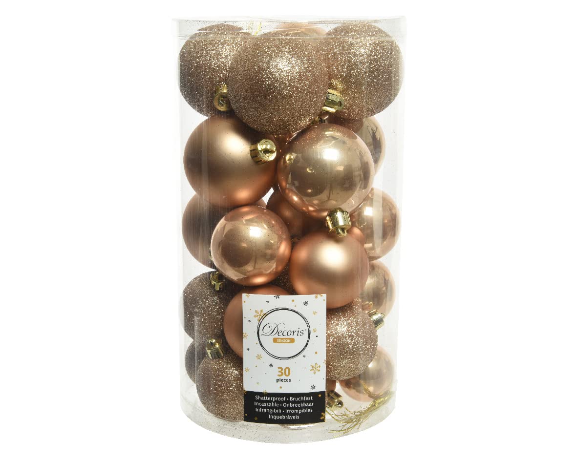 Decoris Pack Of 30 Butterscotch Christmas Baubles Shatterproof Tree Ornaments Glitter Shiny Gold
