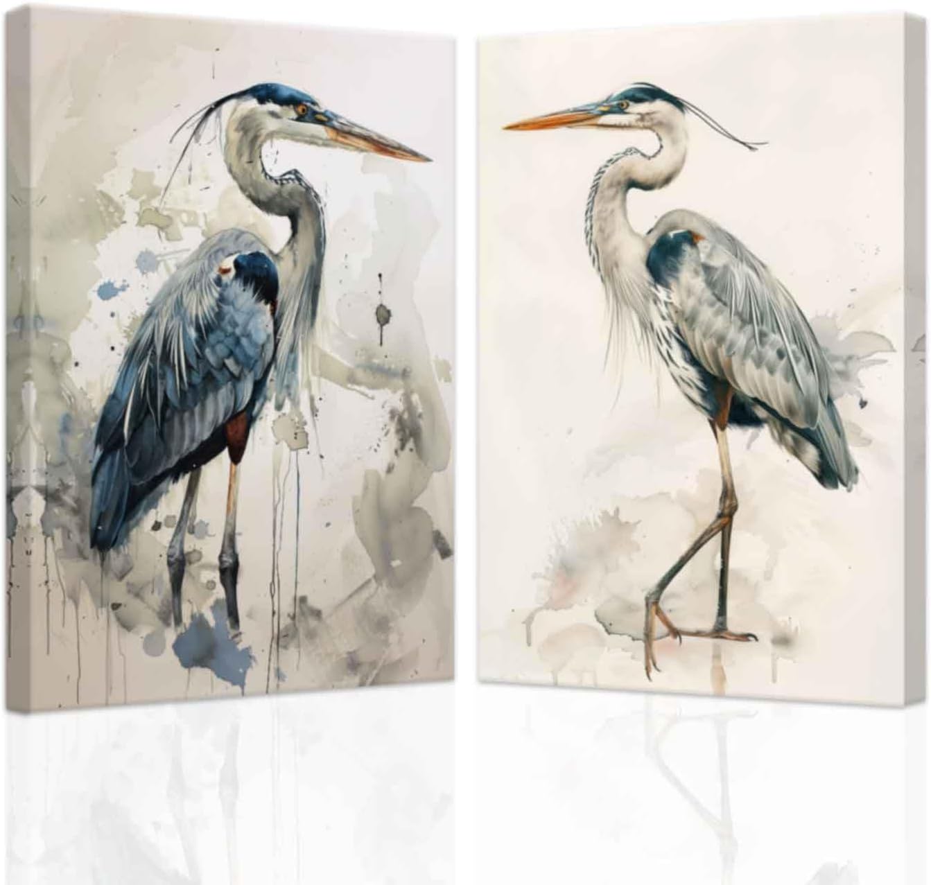 SWQYLB Blue Heron Wall Art Set of 2 Coastal Bird Paintings Beach Animal Pictures Canvas Crane Framed Art Prints Bathroom Living Room Home Decor (Blue, (24"x36"x2 Pieces))