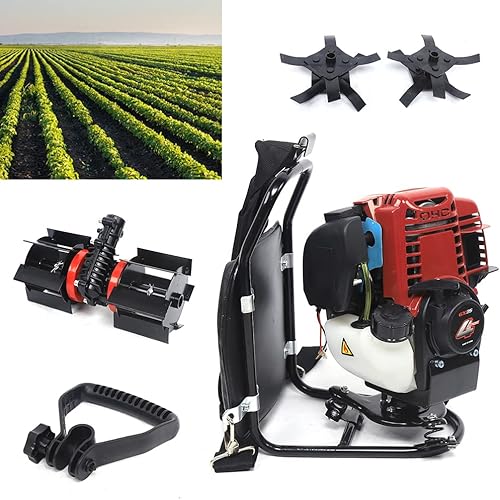 Miniatura 7 de Juego de herramientas de jardín de mochila a gas de 4 tiempos de 35.4 cc - Rototiller, cortador de cepillo y recortadora de césped con motor de 1.4