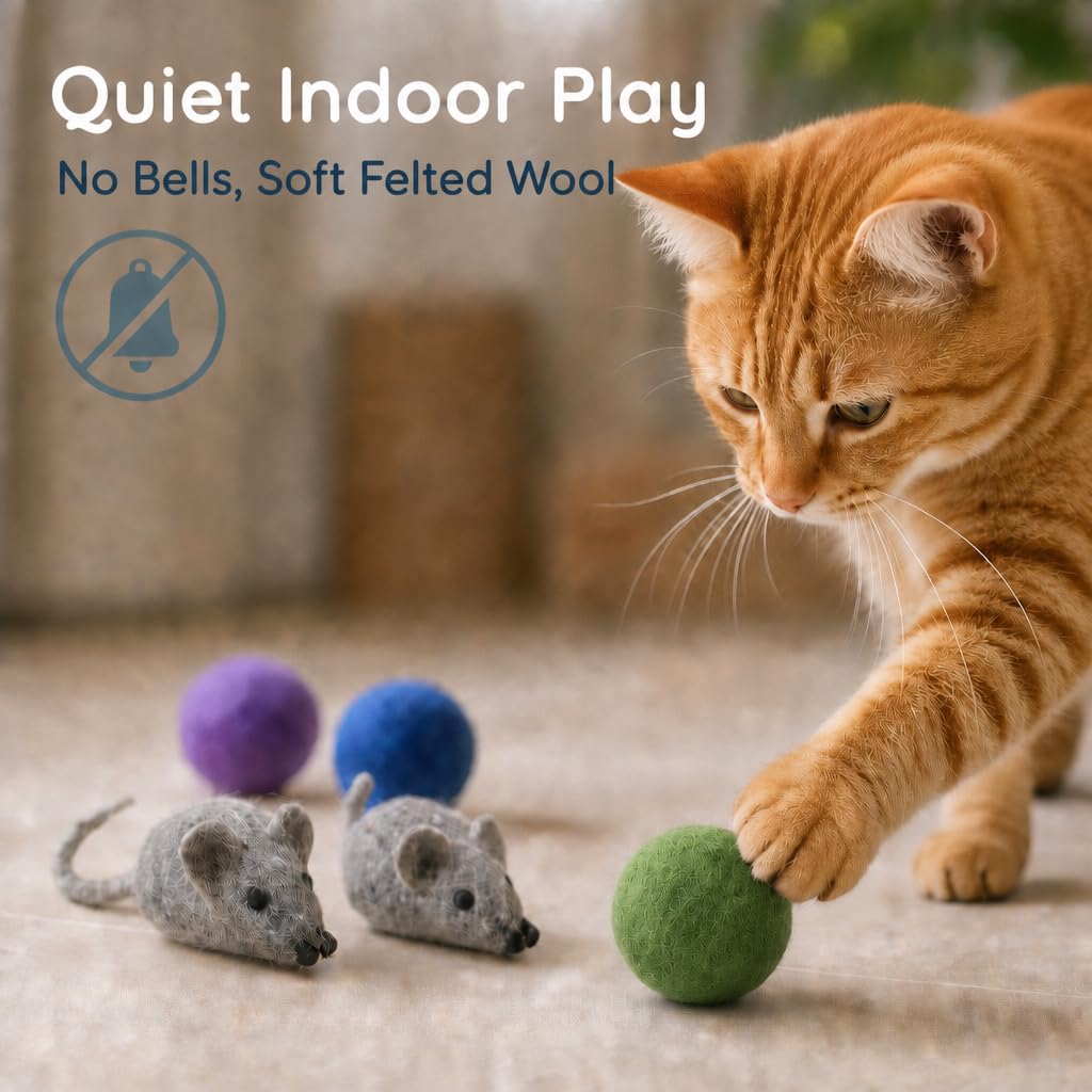 Filzball und Maus Spielzeug für Katzen und Kätzchen, niedlich, weich, leise, 4 cm, handgefertigt, natürlich, umweltfreundlich, 2 Filzmäuse, 3 Filz