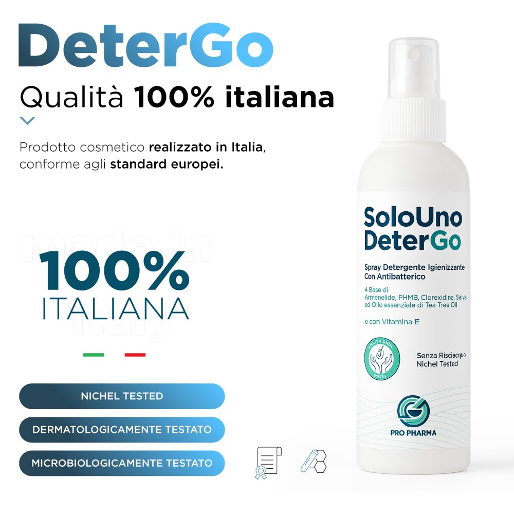 SoloUno DeterGo - Spray detergente igienizzante con Clorexidina, vitamina E, antibatterico, senza risciacquo, per cute e mucose, senza parabeni, flacone da 200 ml