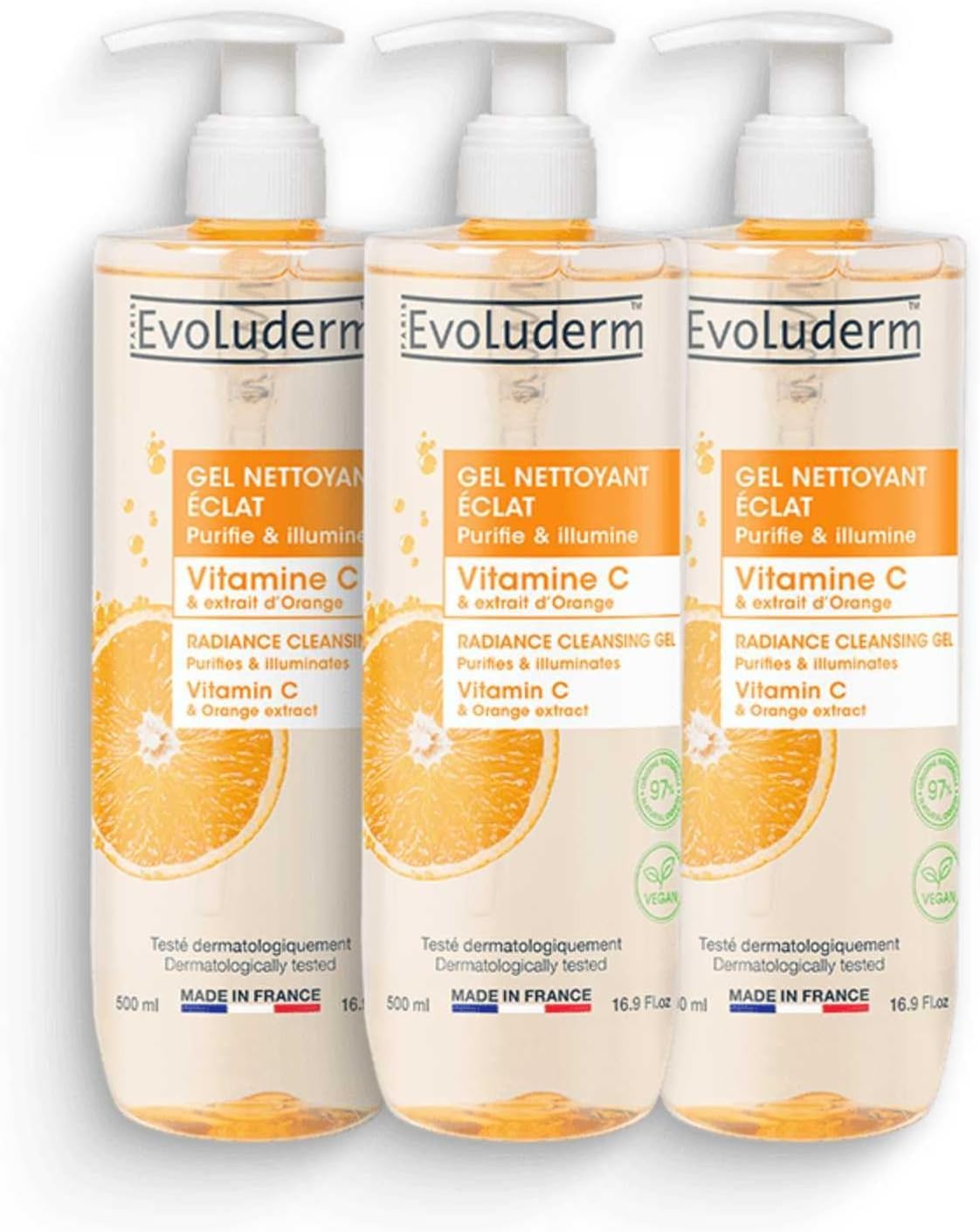 EVOLUDERM – Gel Nettoyant Éclat Vitamine C – 500 ml – 97% d’Origine Naturelle – Végan – Fabrication Française – Lot de 3 x 500 ml