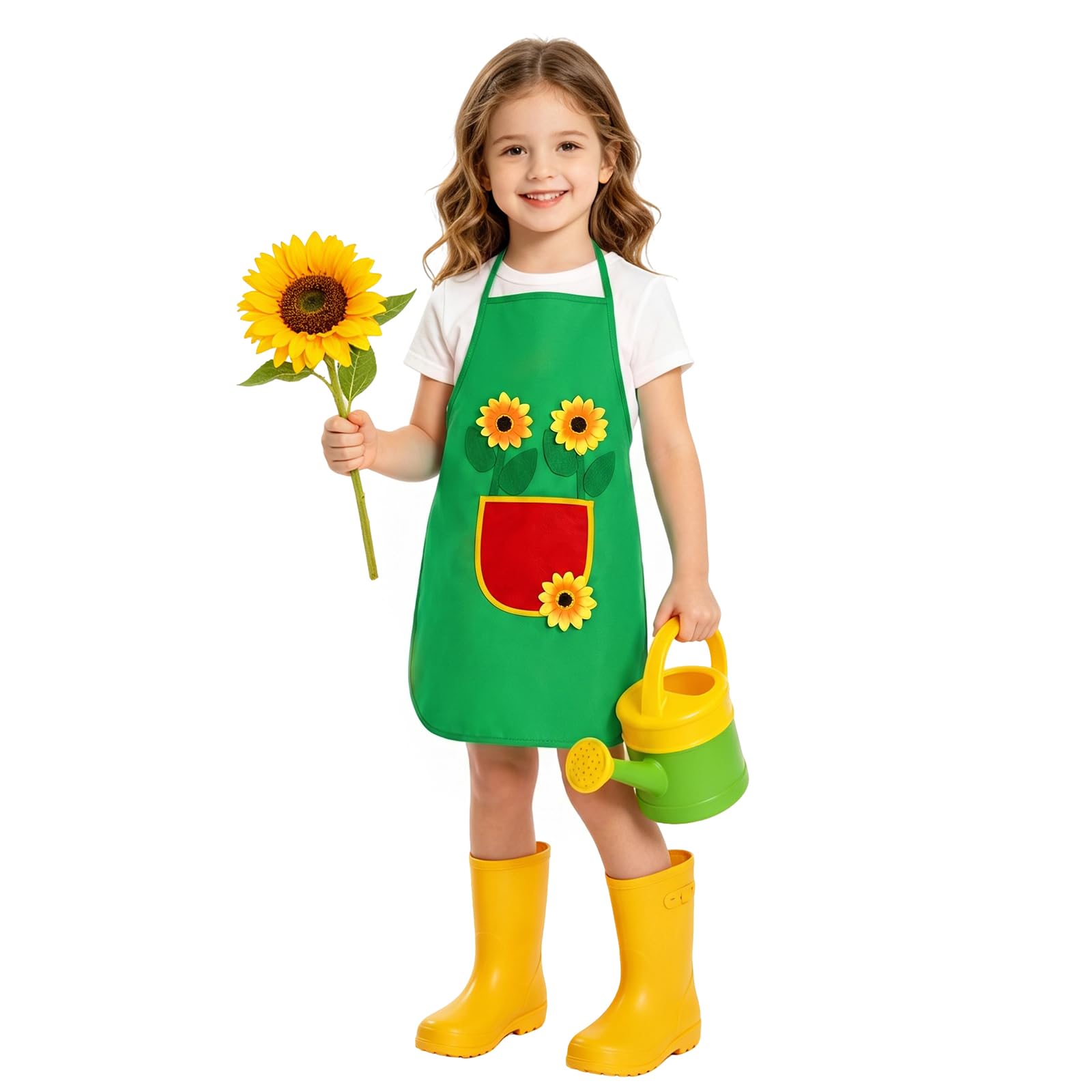 AYBUY Kids Aprons, Adjustable Sunflowers Children's Apron with Pockets, Cartoon Style Child Chef Aprons, Children Kitchen Apron for Painting Baking Artist and Gardening（Style B, Green）