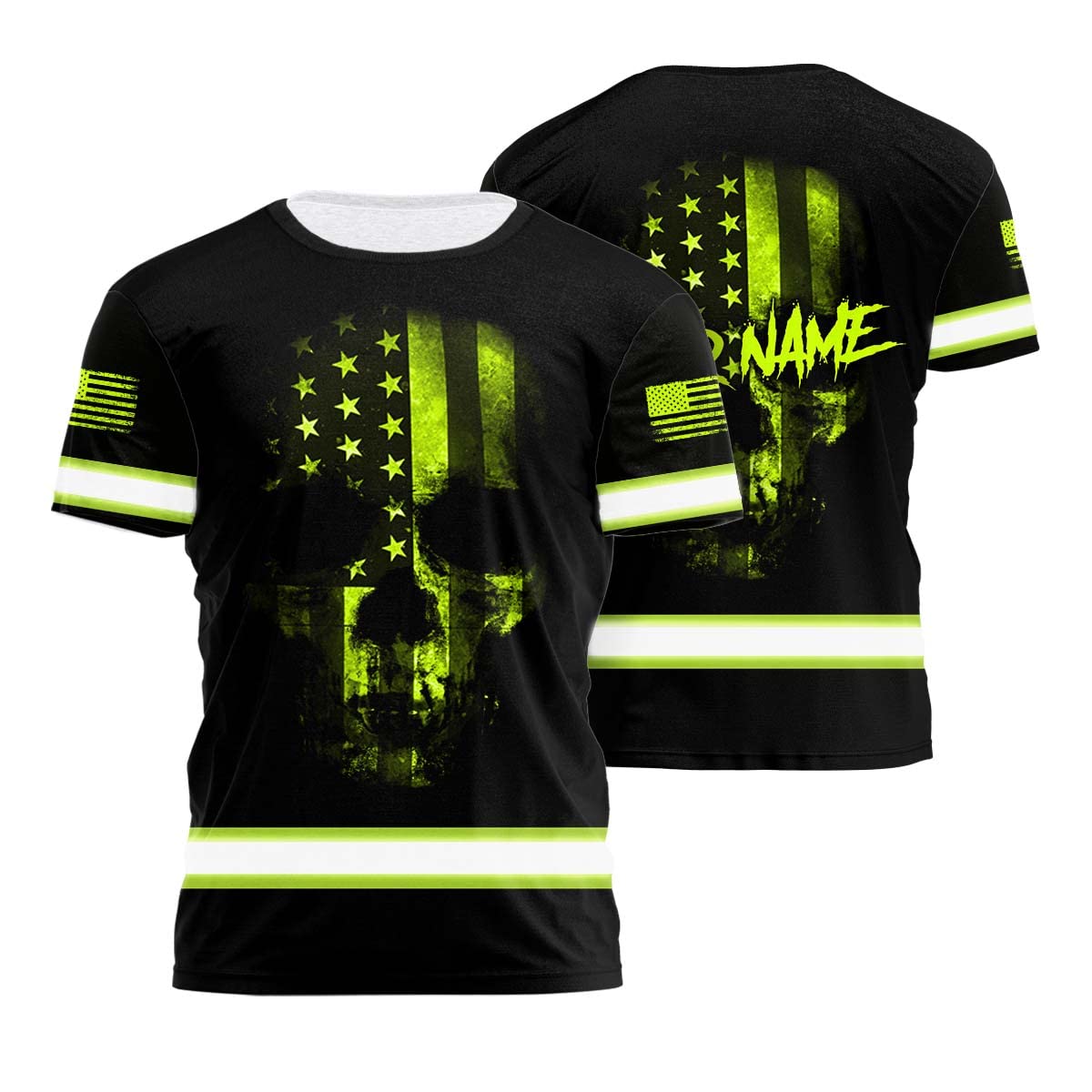 HiVis Custom High Visibility Shirt for Men Reflective Safety Shirts Scratched Skull US Flag Custom Name for Workers, Runners, Cyclists, Patriotic, Veteran, Military