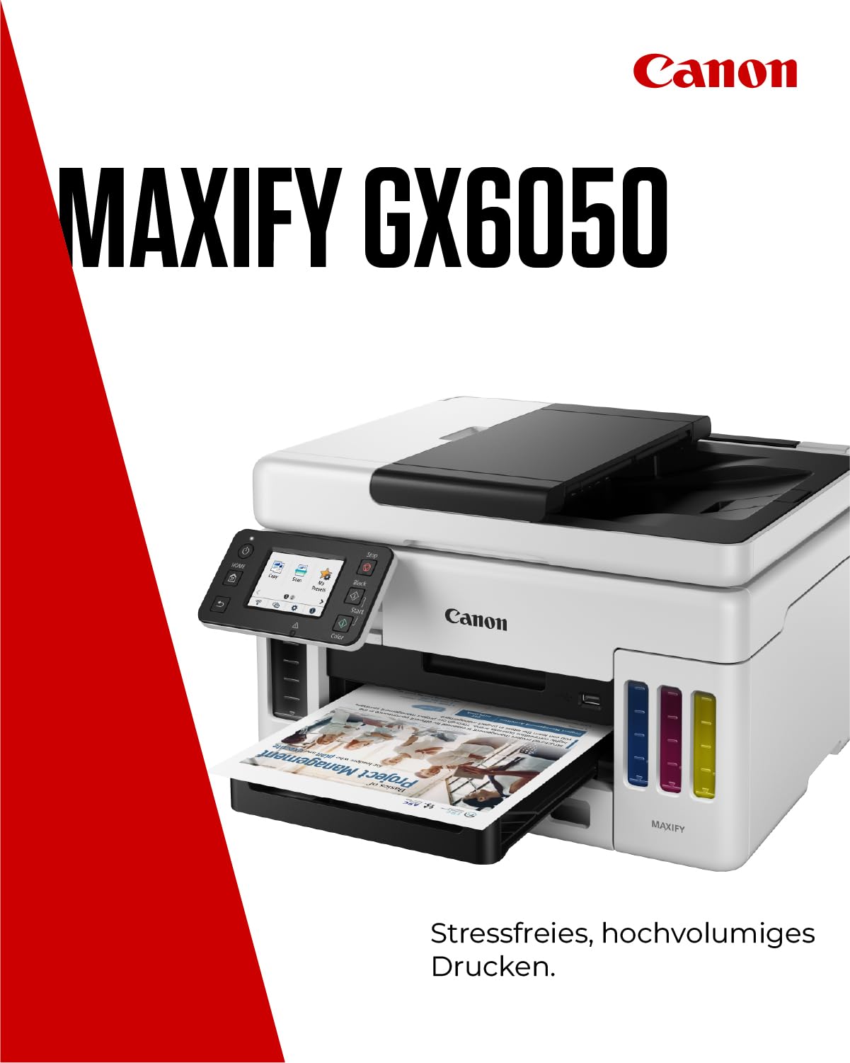 Canon MAXIFY GX6050 MegaTank drukarka wielofunkcyjna 3 w 1 (druk atramentowy, kopiowanie, skanowanie, 50 arkuszy ADF, A4, Wi-Fi, LAN, ekran dotykowy LCD 6,9 cm, druk dwustronny, niskie koszty