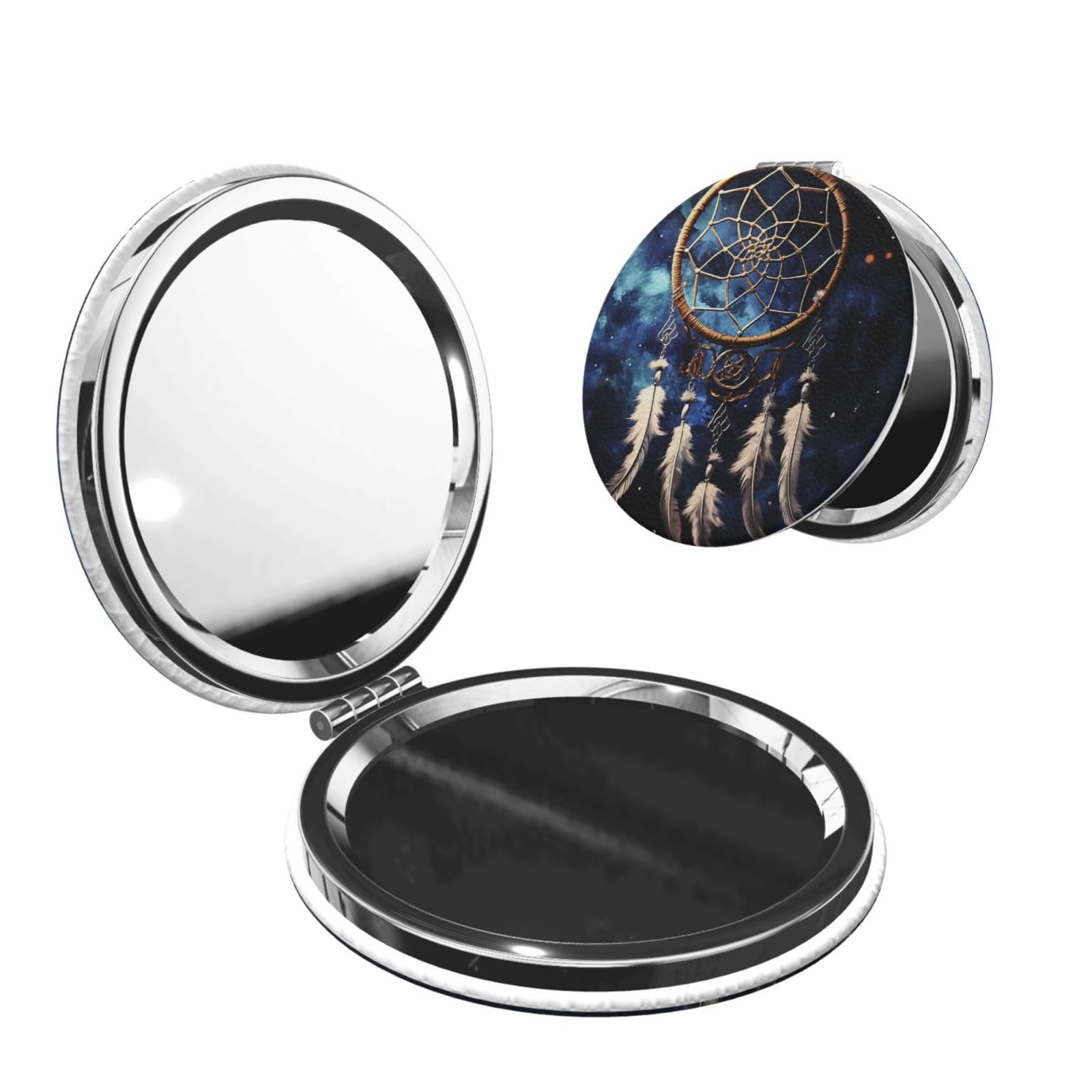 Fodpand Women's Round Shape White Fantasy Dream Catcher Compact Mirror For Purse, 2X/1X Travel Magnifying Mirror For Pu Leather Handheld Makeup Mirror For Girls, Folding Beauty Mirror Portable Pocket Cosmetic Mirror
