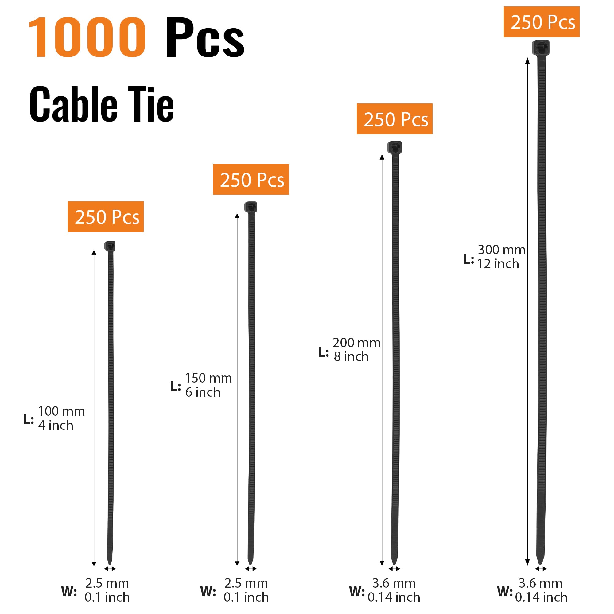 1000 pezzi Fascette Elettricista Nere, 100/150/200/300mm Fascette Plastica, Fascette Nere Resistente Allatemperature, Resistenza Alla Rottura 18 kg per Gestione dei Cavi Elettrici, Fili, Giardinaggio