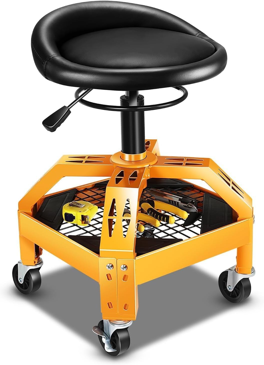 Taburete de taller con ruedas, altura regulable 23-27,5 cm, silla mecánica hasta 150 kg, giratorio 360°, asiento acolchado, construcción estable con bandeja para herramientas y soporte para bebidas