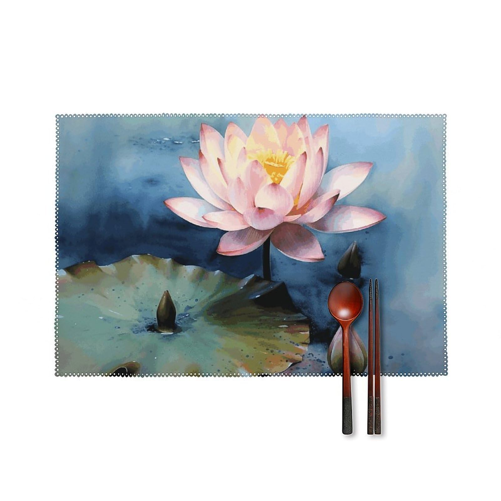 Lotus Flower Painting Placemats Set of 6, 12x18 Inch Heat Resistant Washable Canvas Table Mats, Stain Resistant Decorative Dining Placemats for Kitchen, Restaurant, Outdoor Party