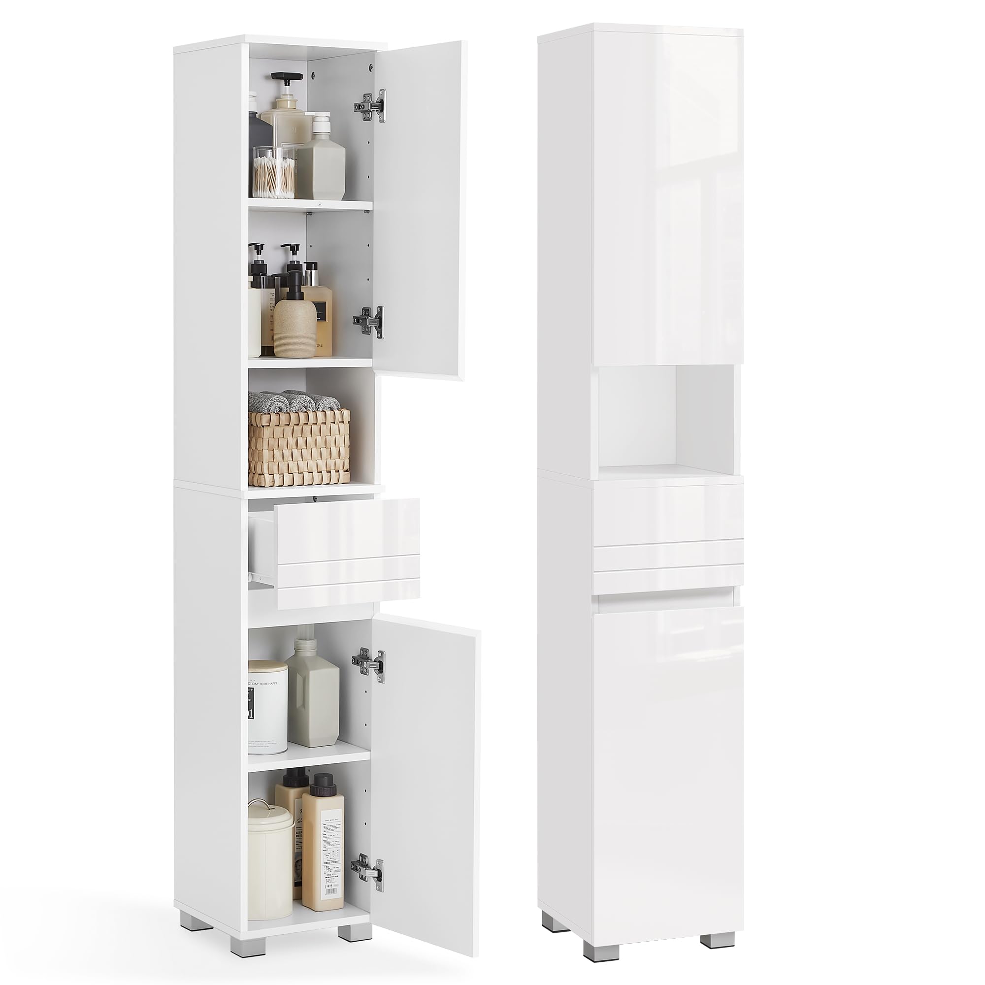 VASAGLE Mobile da Bagno, Mobiletto Portaoggetti, Alto, con Cassetto, Ripiani Regolabili, Scomparti, 30 x 30 x 170 cm, Bianco Nuvola BBC560P31