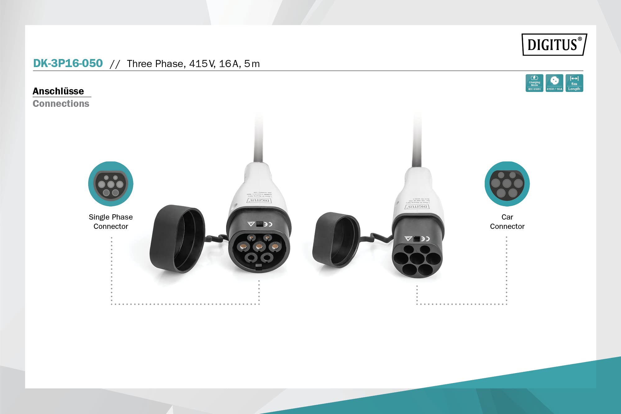 DIGITUS Cable de Carga Modo 3 para Coches eléctricos y PHEV - 5 m - Tipo 2 - Trifásico - 16 A - 11 kW - Negro/Gris
