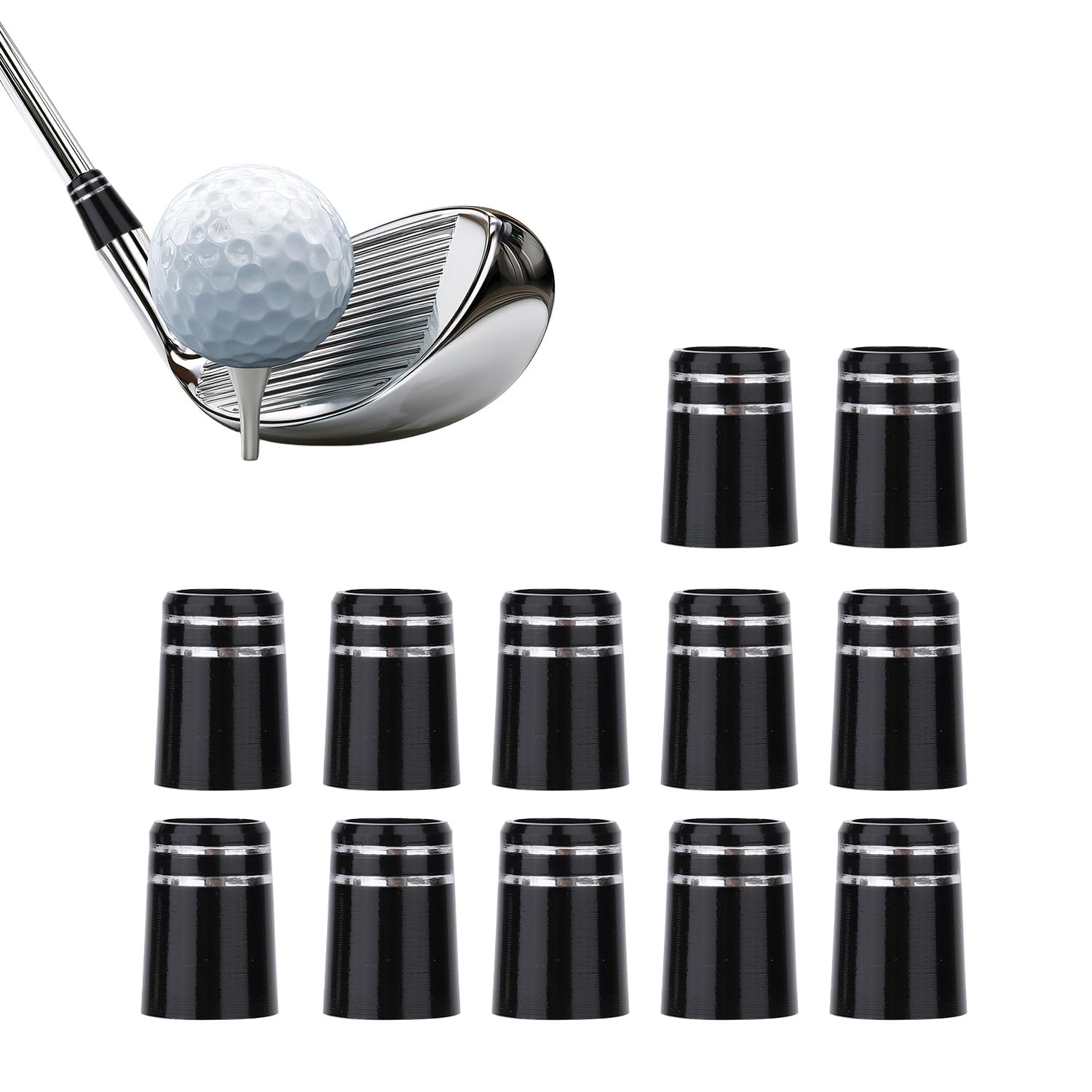 lasuroa 12pcs Golf Club Ferrules, Black .370 Golf Iron Ferrules with Double Chrome Rings for Taper Head Iron and Wedge Shafts