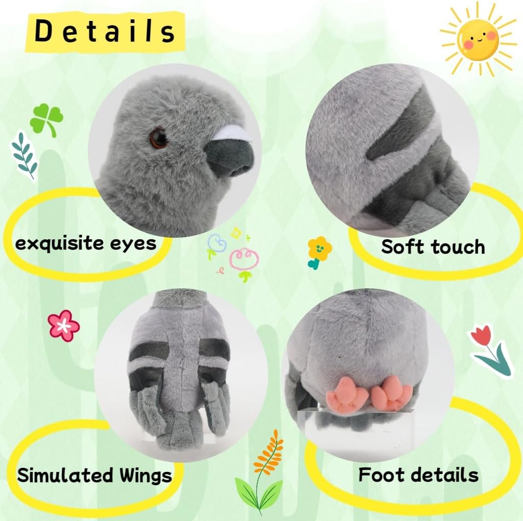 9" Realistic Grey Pigeon Plush Toy, Soft Life-Like Bird Stuffed Animal, Educational Nature Toy & Cozy Home Décor, Cute Birthday Christmas Festival Gift for Kids, Girls, Boys, Friends