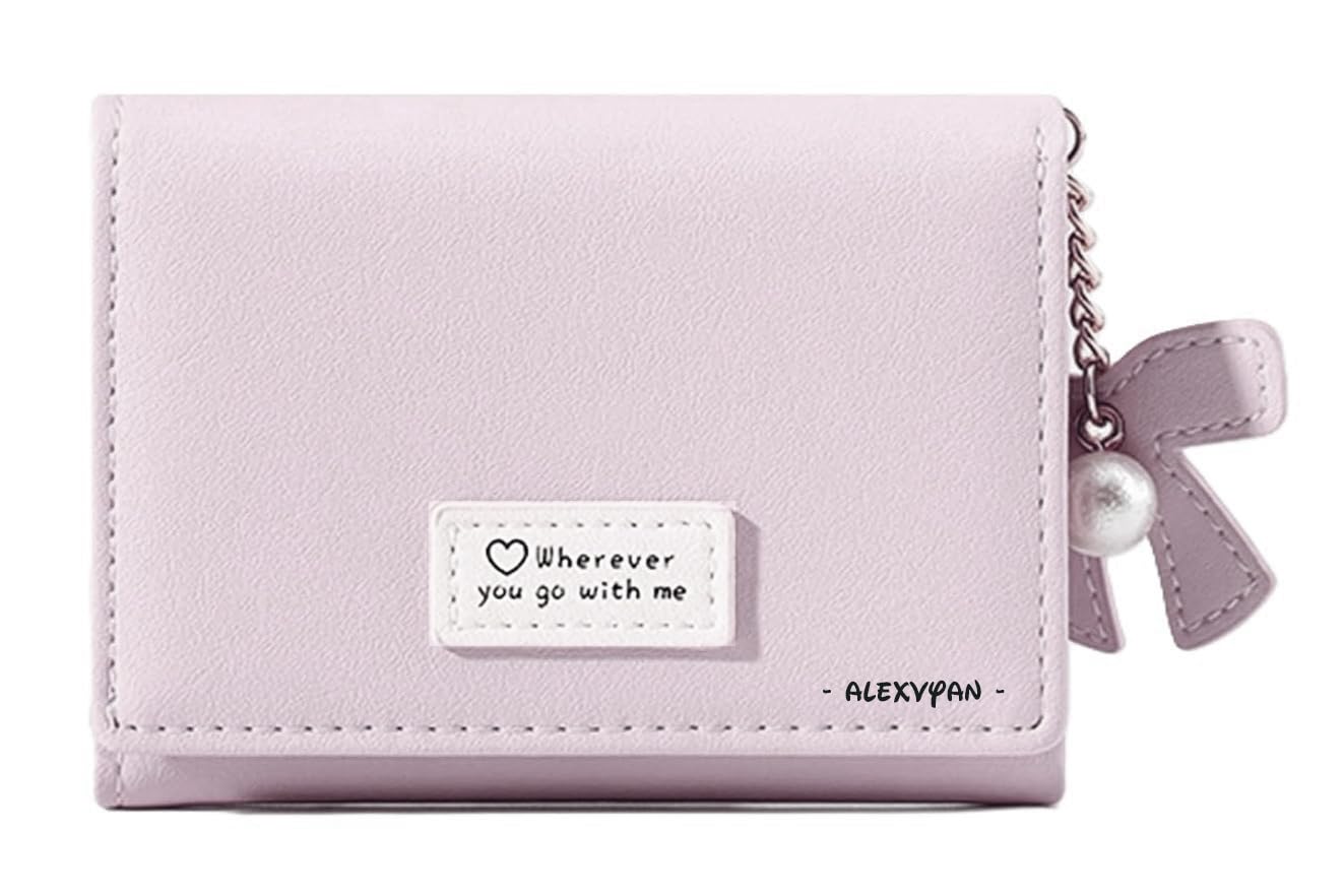 Compact Tri-fold Wallet PU Leather, Women's Purse Wallet Organizer Female Hand Clutch Women/Ladies/Girls Wallets Credit Card Holder - Light Purple-image-17