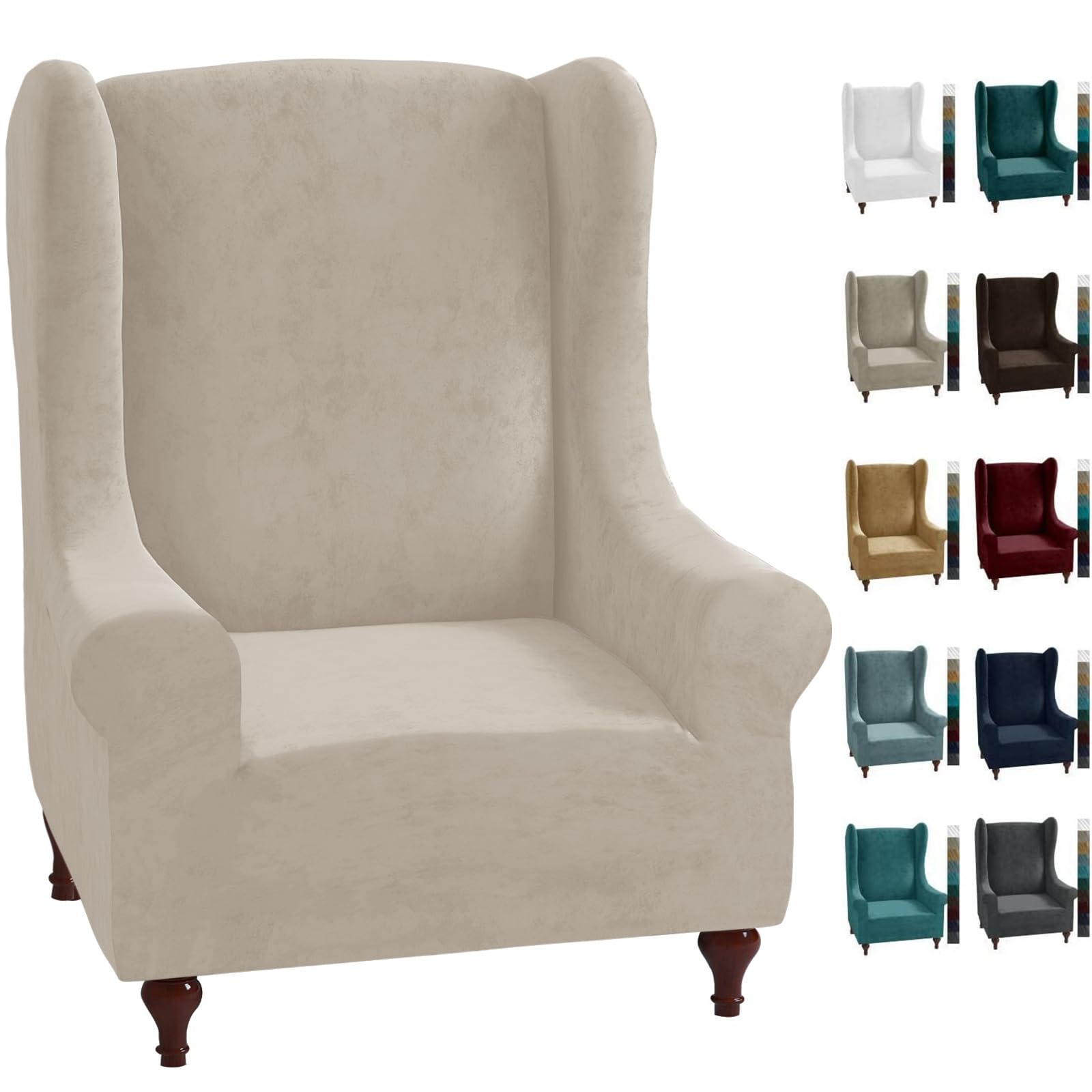 MAXIJIN Stretch Velvet Wingback Chair Slipcover 1-Piece Soft Stylish Plush Slipcovers for Wingback Chairs Thick Rich Velvet Wing Chair Cover with Elastic Bottom (Wing Chair, Khaki)