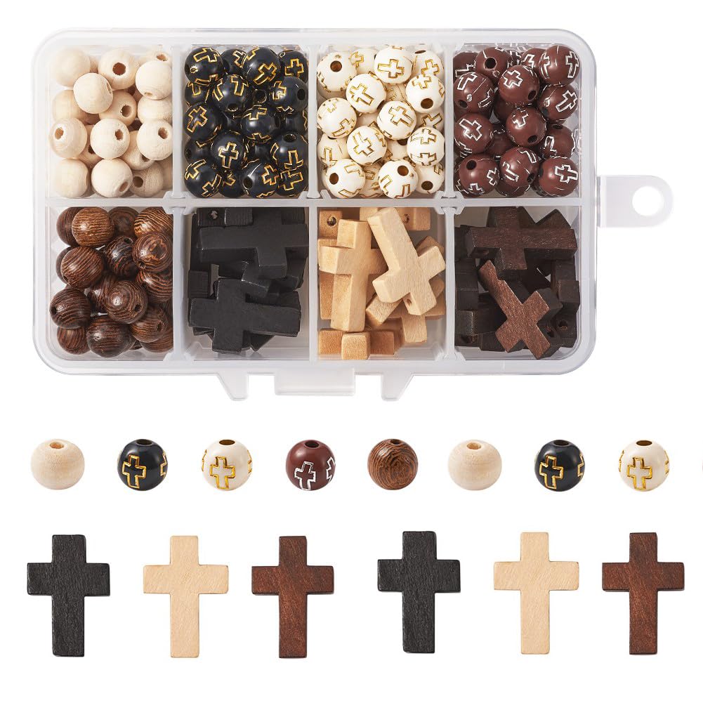 KISSITTY Rosary Making Kit - Wood & Acrylic Beads & Cross Pendant - 211pcs/box