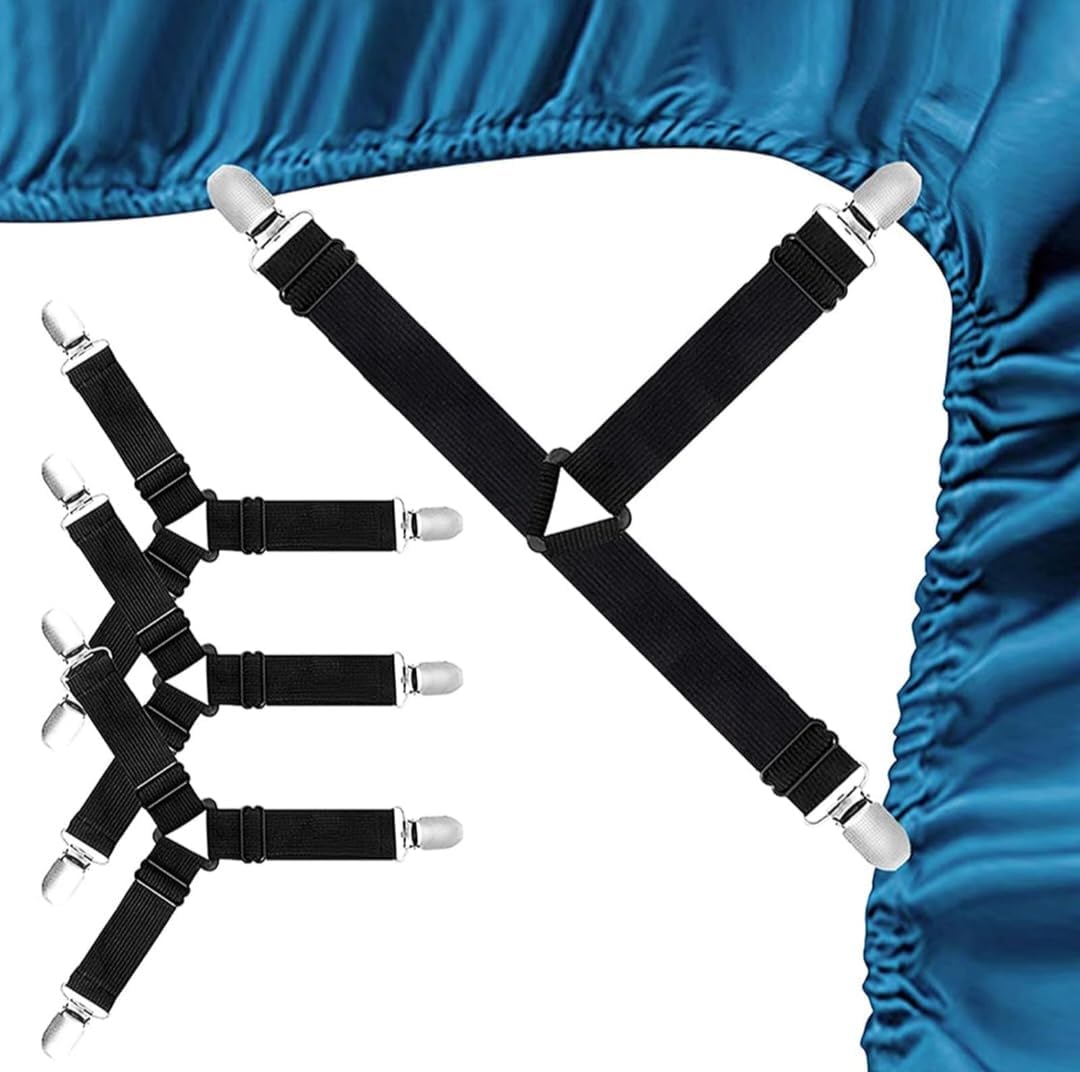 bed sheet clips, triangle mattress holder straps, adjustable elastic sheet fasteners, stainless steel gripper clips for fitted sheets mattress covers tablecloths and sofa covers