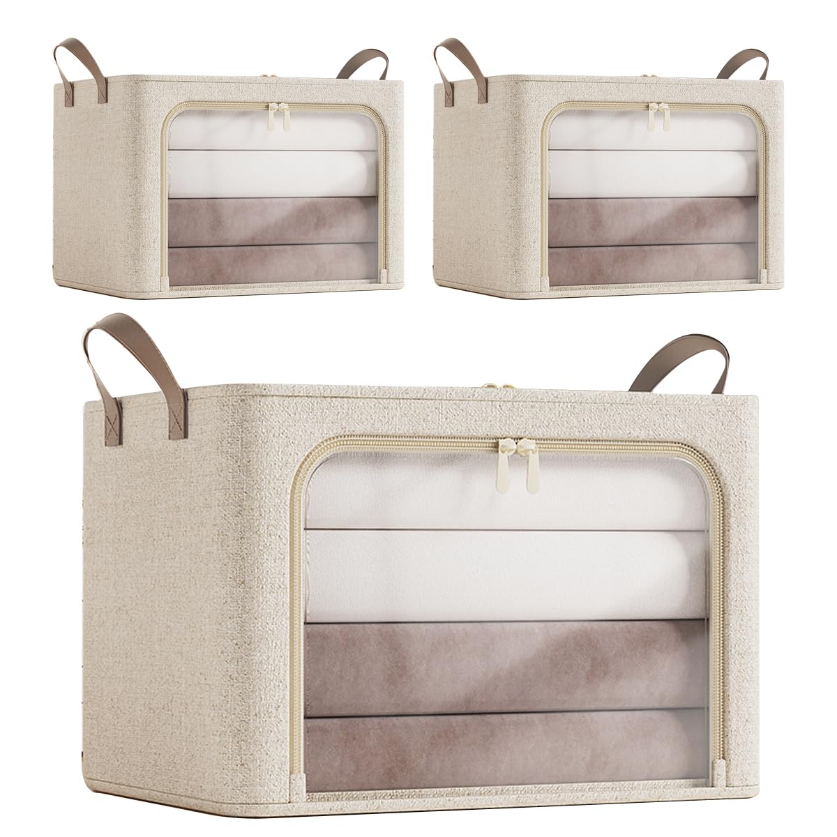 Ftyebdnc 3Pcs Fabric Foldable Storage Boxes, Steele Large Handbstorage With Window/3Pcs/L50 X W40 X H33cm