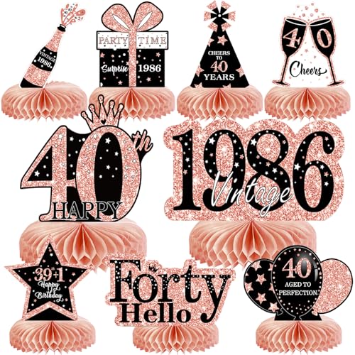 Image of 9Pcs 40th Birthday Decorations Honeycomb Centerpieces for Women, Rose Gold Pink Happy 40th Birthday Centerpieces Tables Toppers Party Decorations Supplies, Vintage 1986 Aged Table Sign Decor