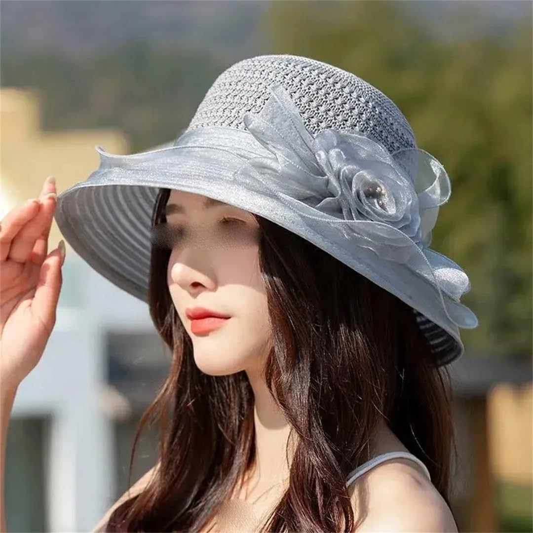 Yeuyyben Elegante cappello da chiesa da donna con fiore estivo a tesa larga cappello Fedora per le donne cappello in organza cappello da spiaggia cappello da sole