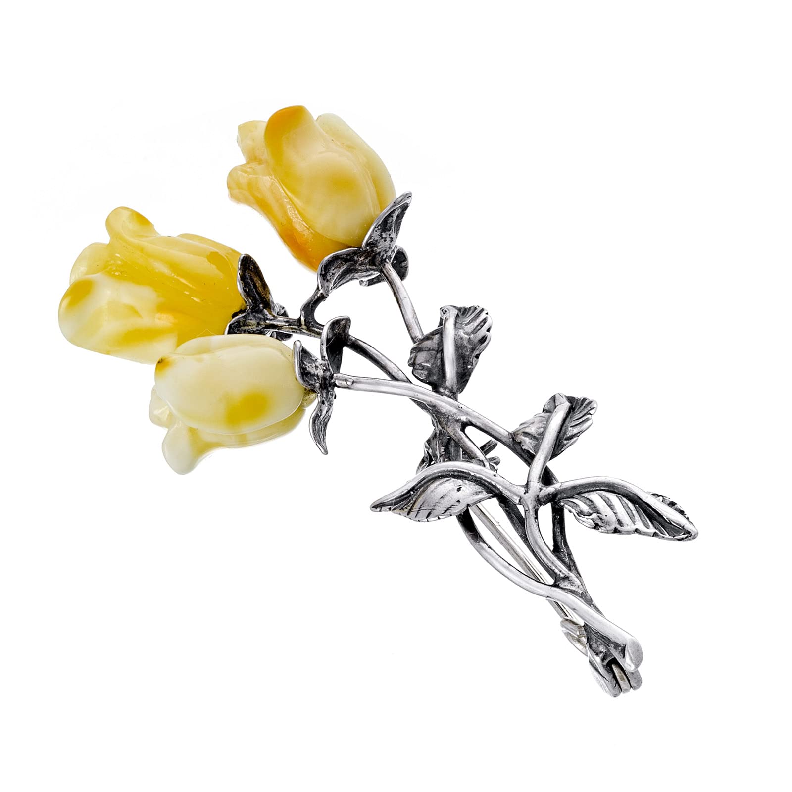 Spilla in argento 925 Ambra baltica Latte Rose gialle Regalo per signore