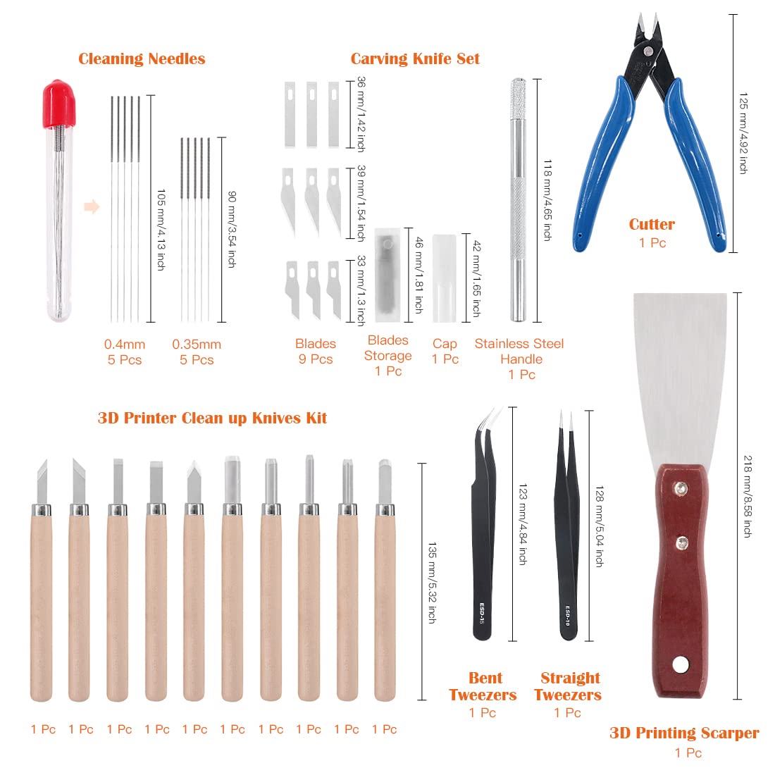 Image secondaire de Rustark Kit d'accessoires pour imprimante 3D de 34 pièces - Aiguilles de nettoyage, pinces, pinces, écarteurs, couteaux de netto