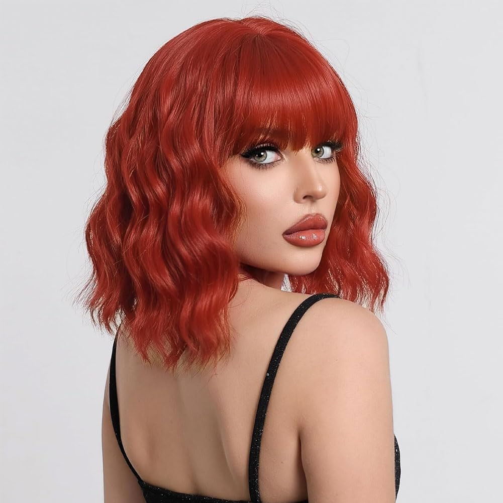 LOSMOEER Red Wig with Bangs Short Wavy Wigs for Women Shoulder Length Curly Bob Wigs Heat Resistant Synthetic Wigs for Halloween Cosplay Daily Party