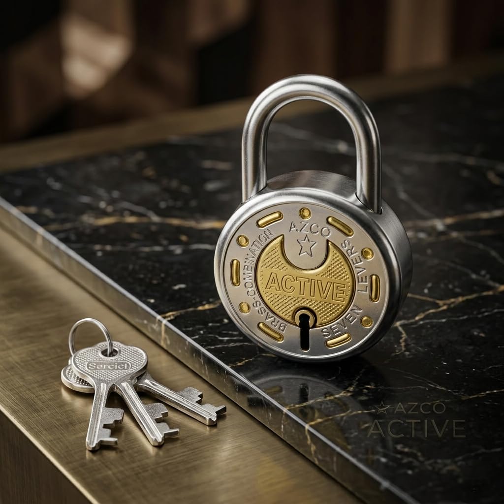 Azco Round Small Size 50mm Lock | 7 Levers | Double Locking | Heavy Duty Hardened Shackle | Lock and Keys for Home Door Shutter | Corrosion Resistant talat chabi | Silver Gold Finish-image-9
