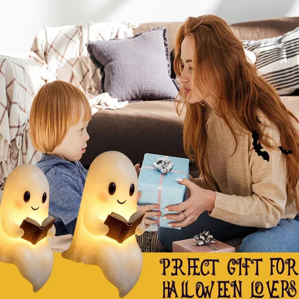 Gruselige Tischlampe Halloween LED Nachtlicht mit süßen Geistern Schlafzimmer Lesen süße Geister Leselampe Harz Schreibtischlicht, 15 * 11.5 * 21 cm