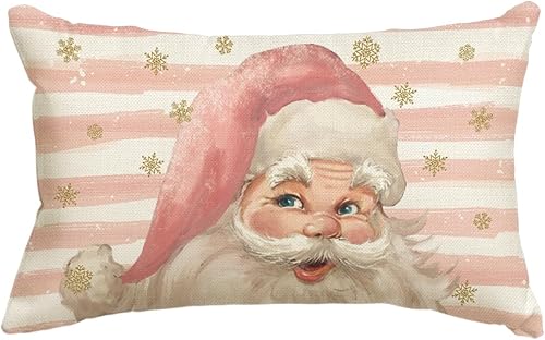 AVOIN colorlife Funda de almohada de rayas de Papá Noel 12 x 20 pulgadas decoración de funda de cojín de Navidad rosa para sofá