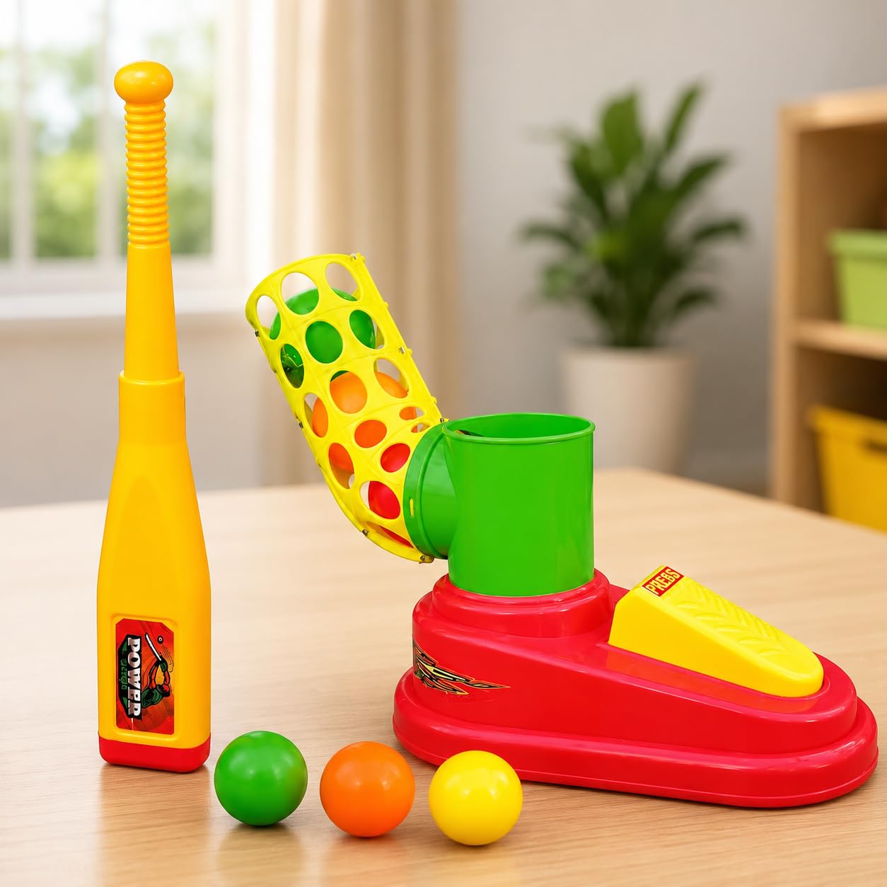 Automatic Plastic Baseball Pitching Machine Toy with Foot Pedal Launcher | Power Shot Base Ball Game Set Includes 1 Bat & 3 Balls | Unbreakable Sports Training Toy for Kids Age 3+ Years | Red & Yellow-image-44