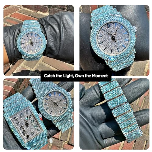 Unisex Full Iced Bling Out Luxury Fashion Lab Diamond CZ Round Quartz Movement White Gold Plated Celebrity Party Pink Watch - Gift Box3