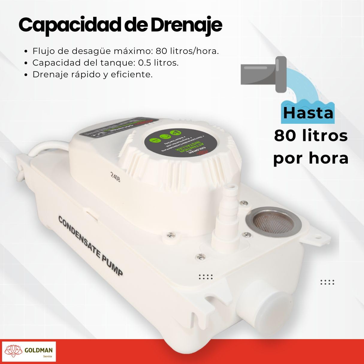 GOLDMAN SERVICE | Bomba de Condensado Automática Silenciosa para Drenaje y Desagüe de Agua de Aire Acondicionado | Flujo 80 Litros/Hora