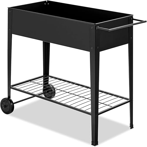 Miniatura 9 de Giantex Cama de jardín elevada con ruedas, maceta elevada para exteriores con patas, contenedor de metal para plantas, verduras, flores, hierbas