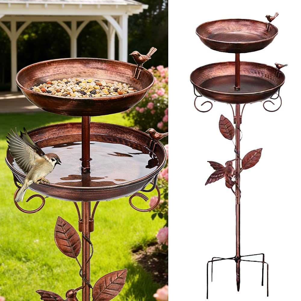 Bain d'oiseaux Autonome pour Extérieur,117CM 2 in 1 Abreuvoir Oiseaux Exterieur sur Pied,Métal Vintage Mangeoire Oiseaux,Mangeoire de Jardin,Décoration Fonte pour Le Jardin Pelouse Cour