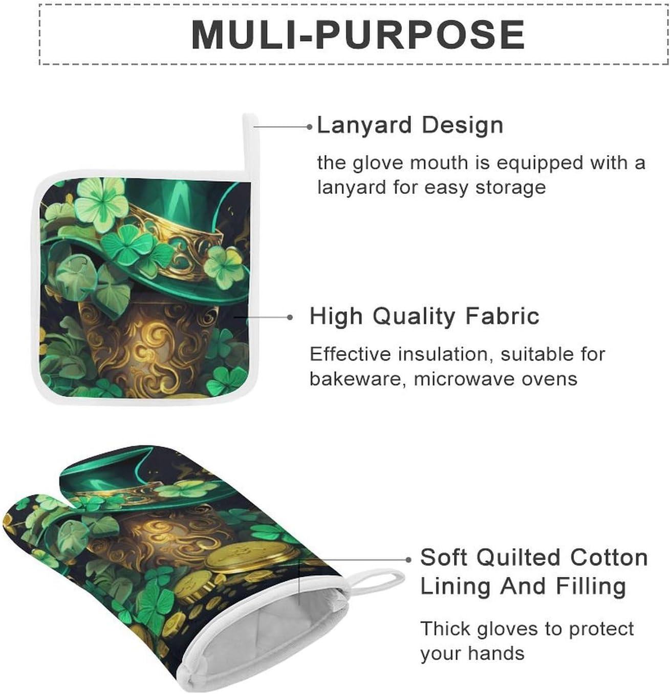 St. Patrick Day Shamrock Leaves Golden Coin 4 Pcs Oven Mitts and Pot Holders Set High Heat Resistant Long Kitchen Oven Glove Potholders