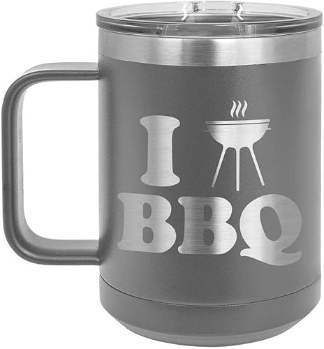 I Love BBQ B GRAY Taza de café de 15 oz con tapa deslizante Taza de café de viaje aislada BBQ & Grilling Idea de regalo para hombres que lo tienen
