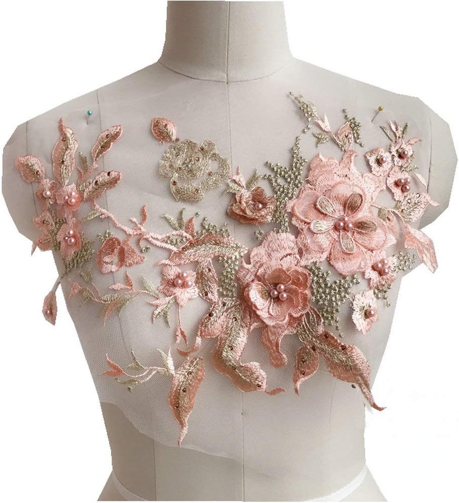 Colorful 3D Flower Embroidery Patches Bridal Lace Sewing Fabric Applique Beaded Pearl Tulle DIY Wedding Dress Floral Costume Patch Decor (Orange)