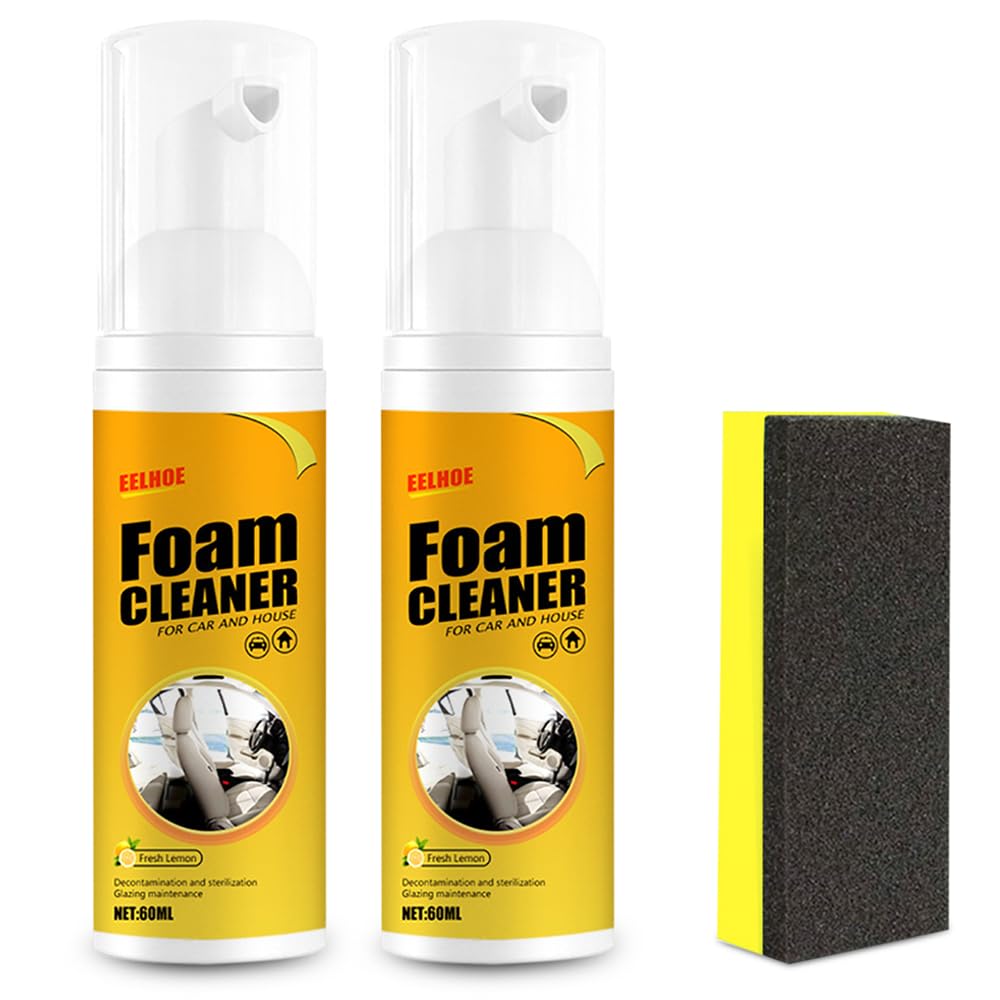 Multipurpose Foam Cleaner Spray, Foam Cleaner for Car and House Lemon Flavor, All-Purpose Household Cleaners for Car and Kitchen, Car Magic Foam Cleaner, Powerful Stain Removal Kit (60ml, 2Pcs)