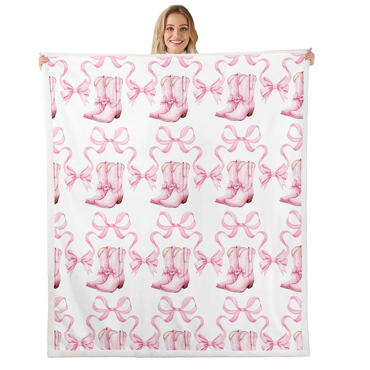 Feelingyou Baby Pink White Cowgirl Boots Fleece Blanket,Western Cowgirl Princess Style Plush Blanket For Kids Teens,Lovely Room Decor,Watercolor Pink Bowknot Ribbon Bow-Tie Stripes Flannel Blanket,Twin 60"X80"
