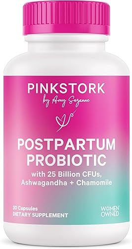 Miniatura 1 de Pink Stork Probióticos para mujeres posnatales, 30 mil millones de CFUS con Ashwagandha y manzanilla, esenciales posparto para el equilibrio