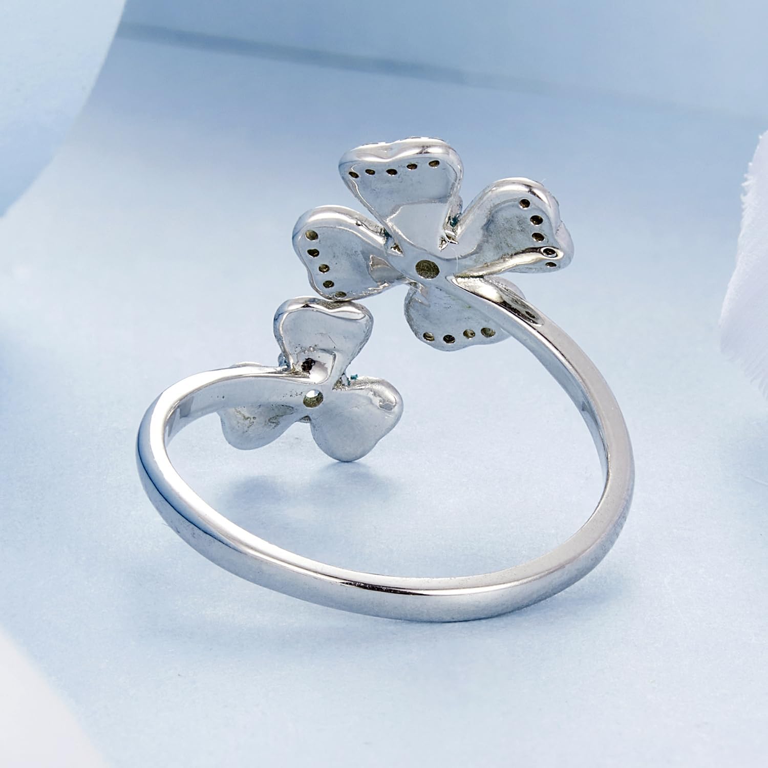 Cute Four Leaf Clover Statement Wrap Finger Ring for Women 925 Sterling Silver Cubic Zirconia Crystal Green Shamrock Stacking Adjustable Open Bands Eternity Promise Wedding Rings Delicate St.Patrick's Day Lucky Jewelry Gifts for Bridal
