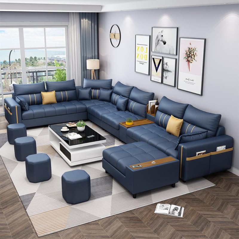 Image of Homax. Rebecca Modular Smart Sofa 12 Seater U Shape - High Back Interchangeable Sectional with Pop-Up USB Charging, Smart Console, Storage, Side Pockets, Modern Living Room Furniture - Blue