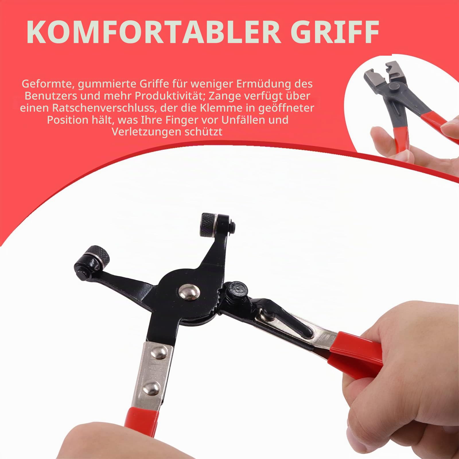 Glarks 9-teiliges Schlauchschellenzangen-Set, rot, flexibel, lange Reichweite, Schlauchklemmenzange, Zange zum Entfernen von Kraftstoff, Öl, Wasser, Schwarz